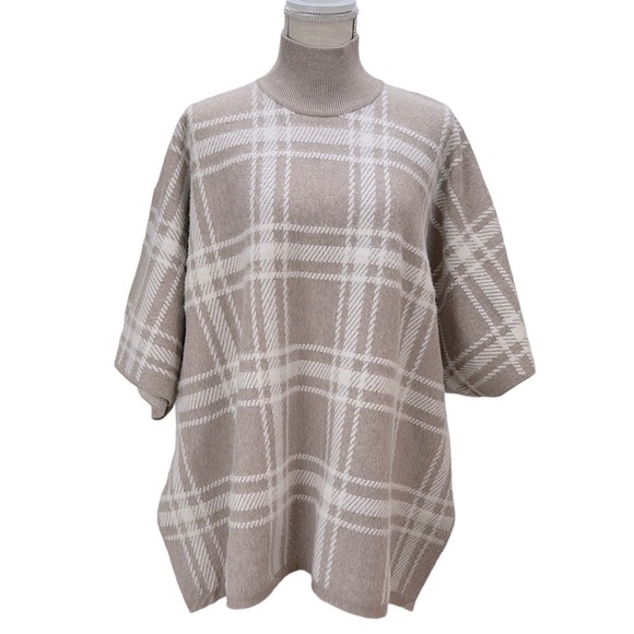 Rachel Zoe Pull Over Poncho Sweater One Size Cream Tan Window Pane Mock Neck - Picture 1 of 12